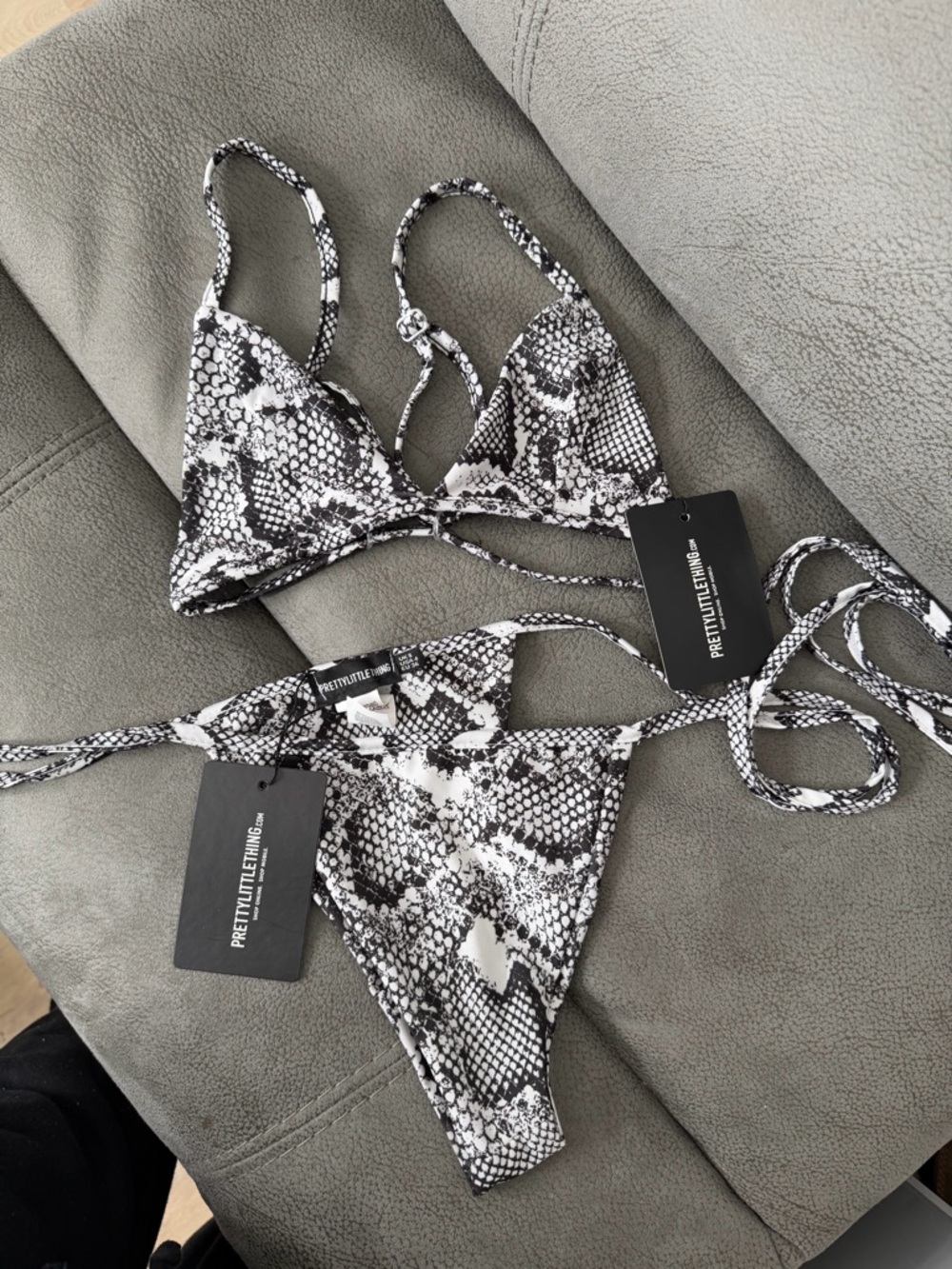 PrettyLittleThing Black and White Snakeskin Print Bikini Set